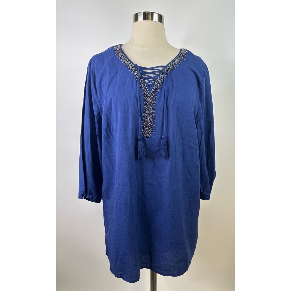 Chicos Embellished Beaded Round Neck Long Sleeves Tunic Top